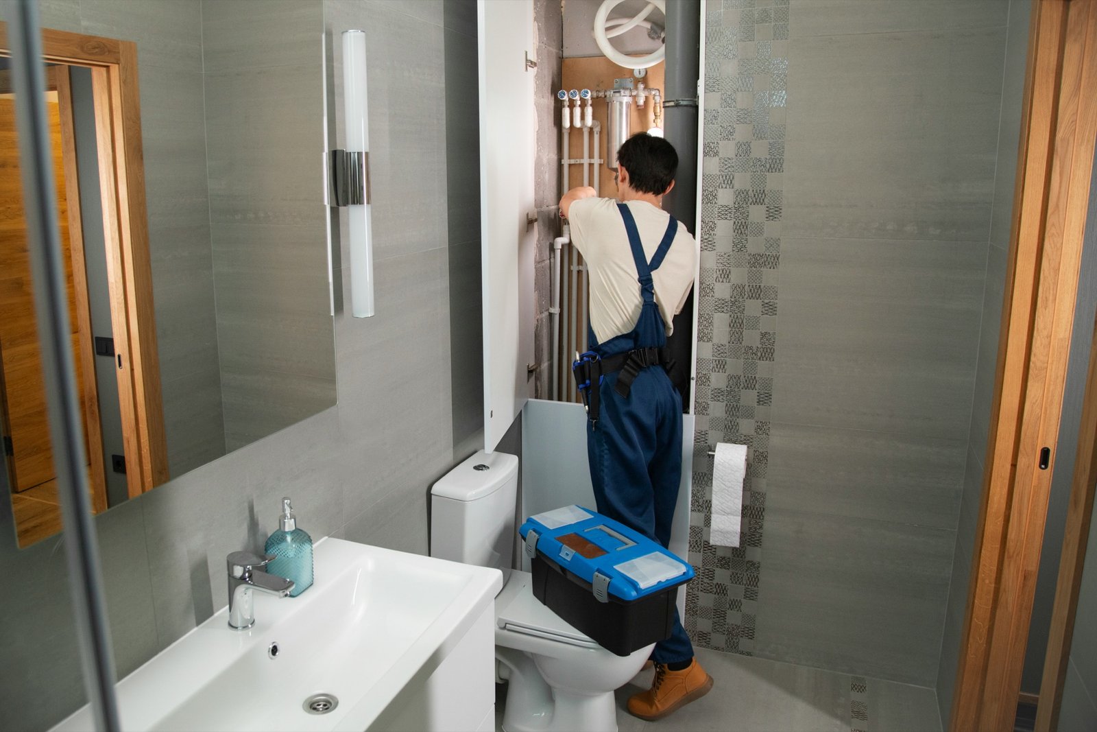 Plumber working on bathroom pipe fittings